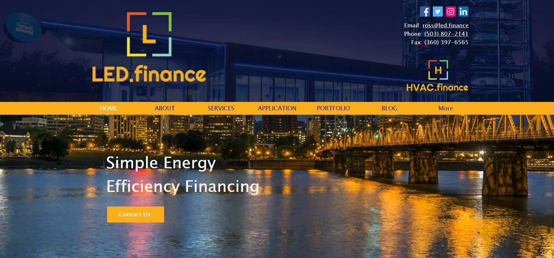 A website hero section for LED.finance, featuring a cityscape over a river at night with the tagline
