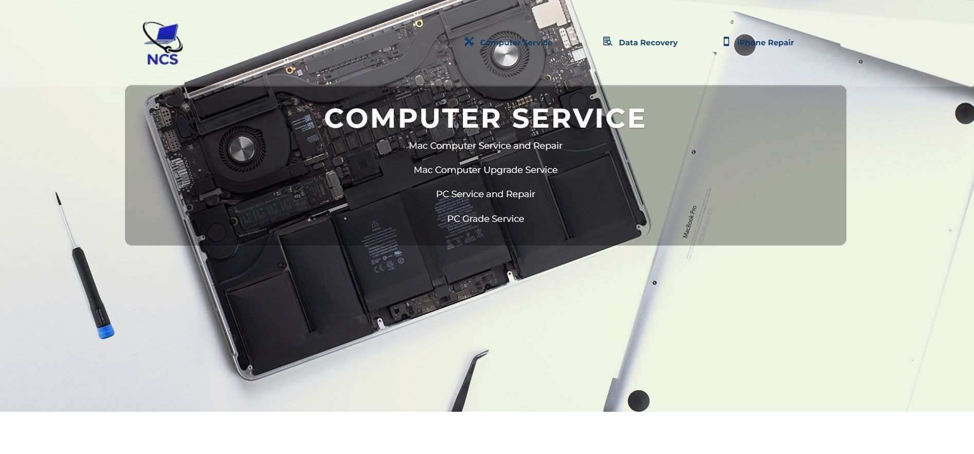 Computer service company banner featuring an open laptop interior, tools, and text against a clean white background.
