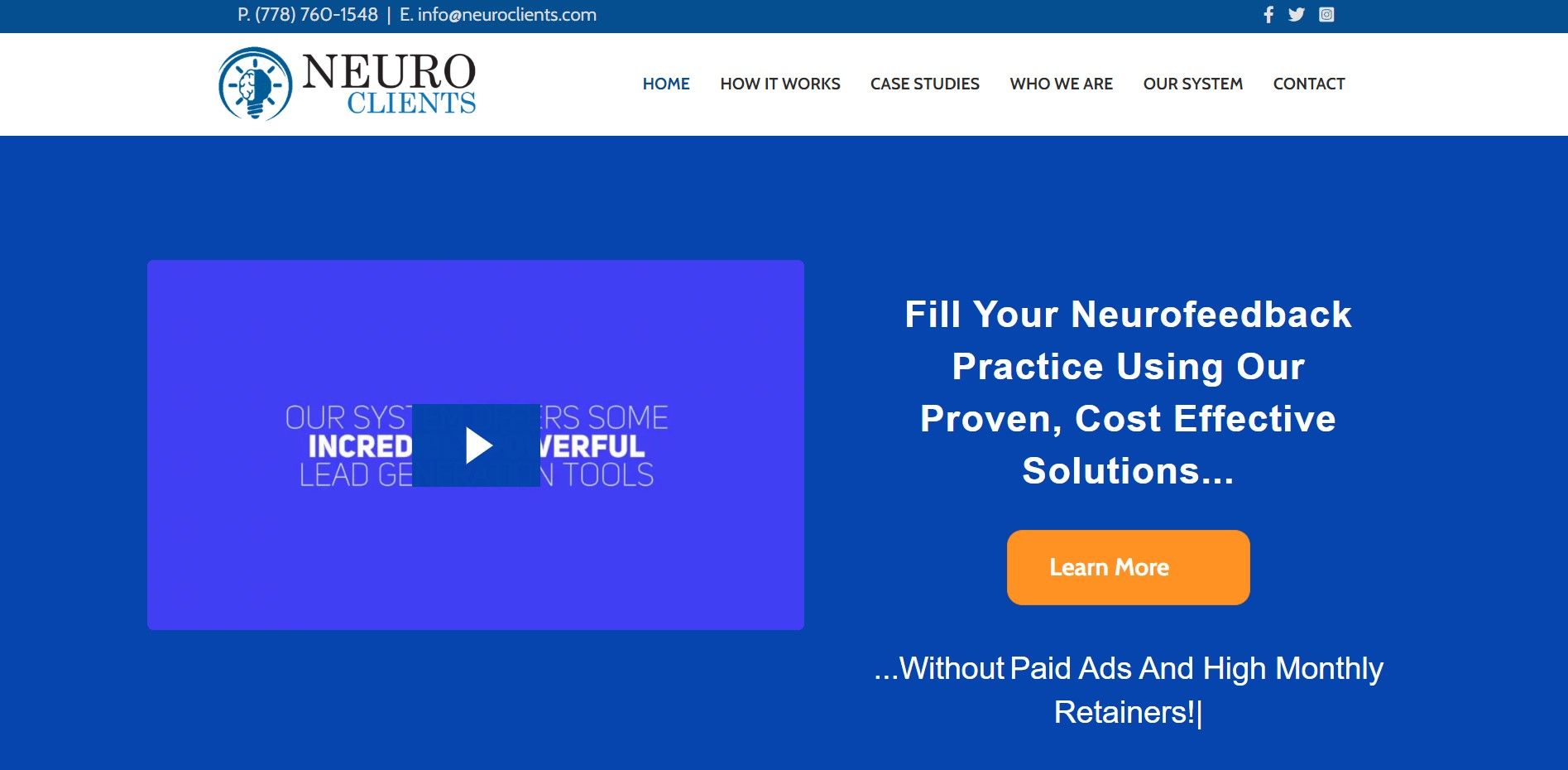 Neurothrive homepage featuring a video placeholder and a