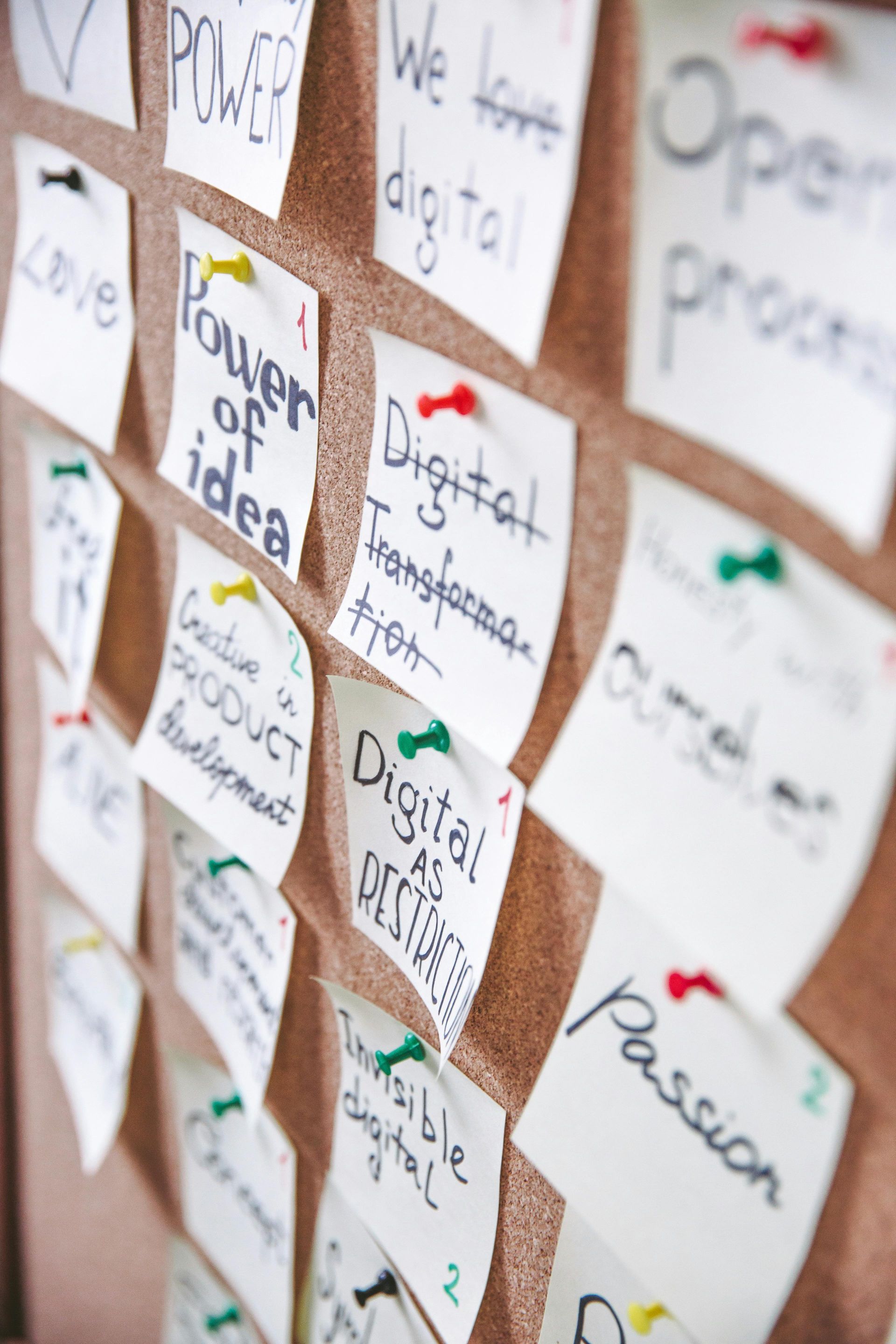 A corkboard covered in white sticky notes with handwritten words like 