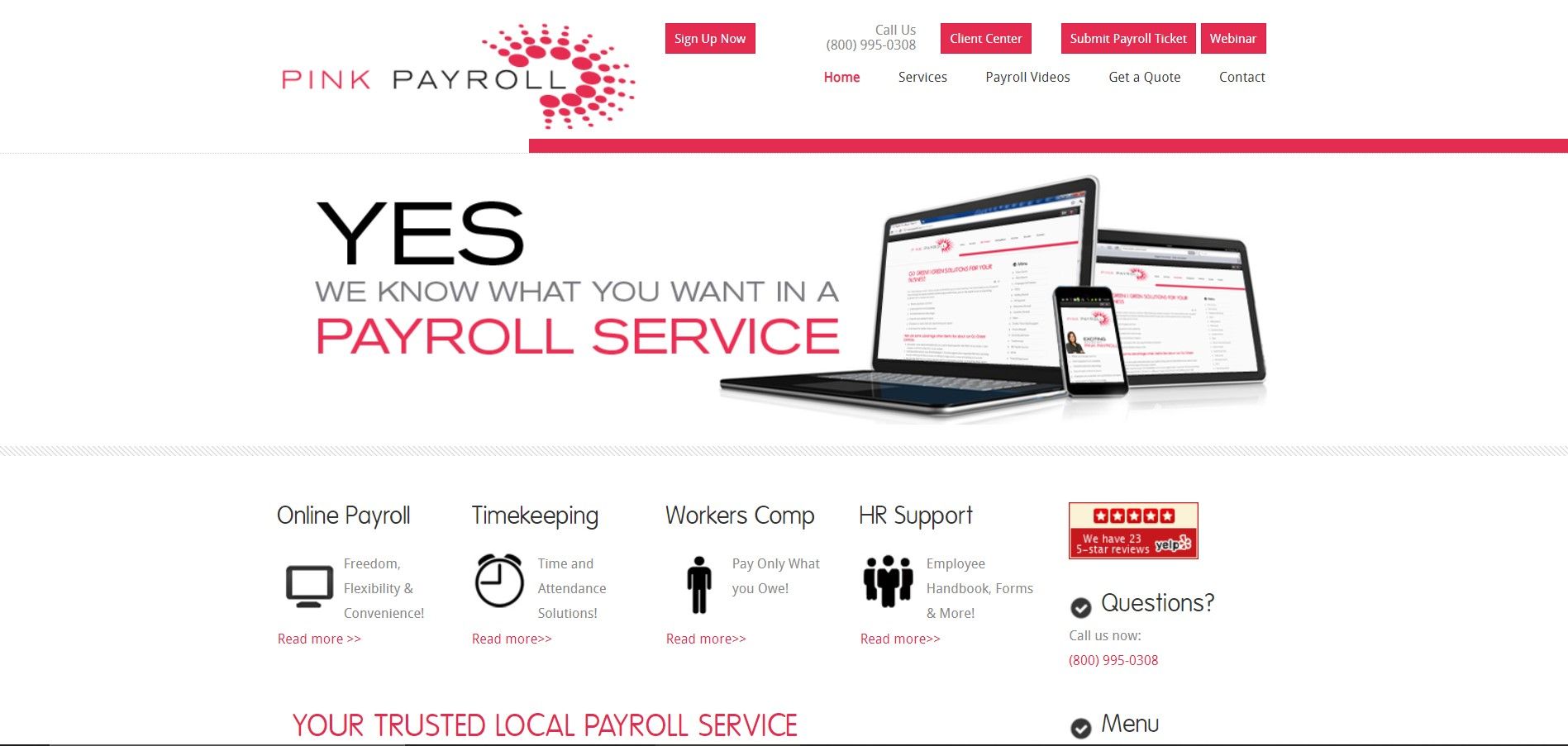 A website header for Pink Payroll featuring a laptop, phone, and tablet, with service icons below on a white background.