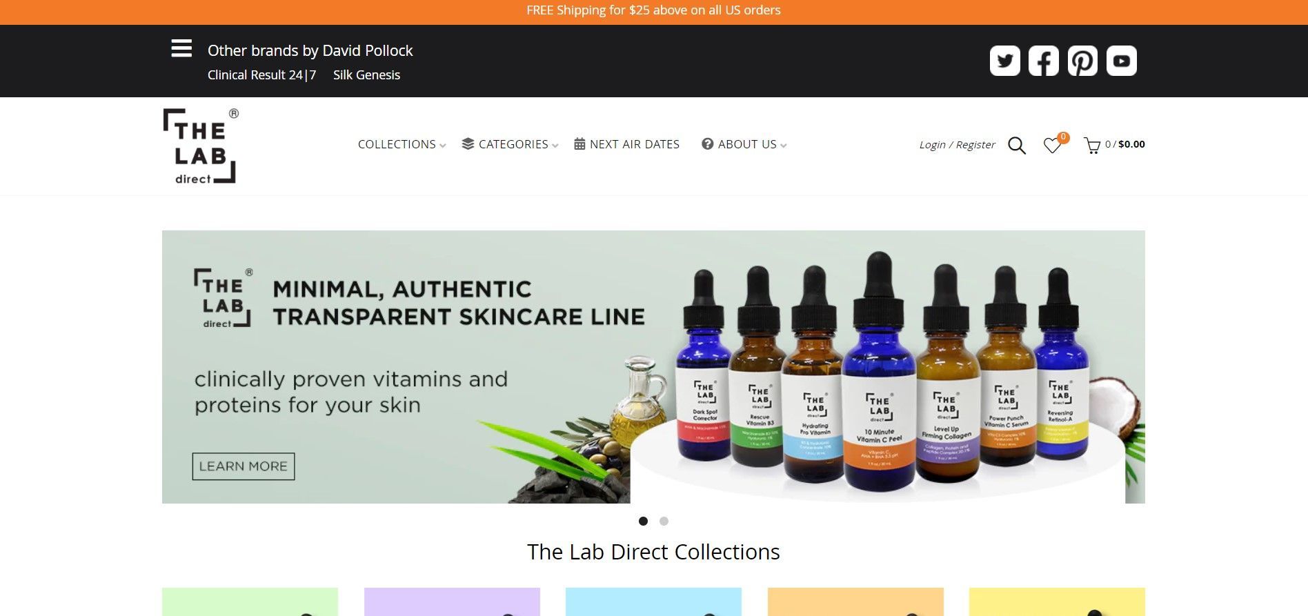 A website banner for The Lab showing a collection of colorful skincare serum dropper bottles on a table.