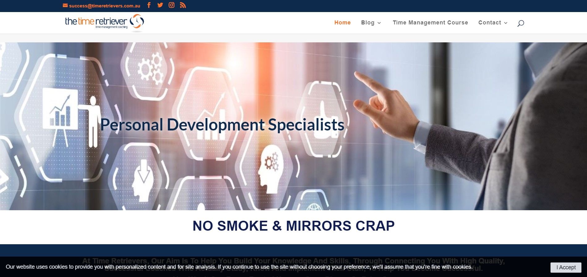 Website header for Personal Development Specialists featuring a person gesturing toward digital icons on a screen.