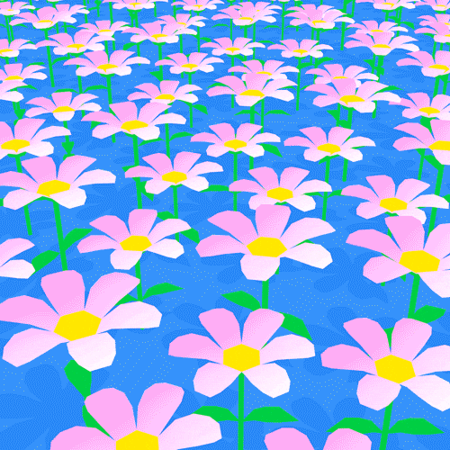 Pink and white cartoon flowers with yellow centers, set against a blue background, create a playful, summery field.