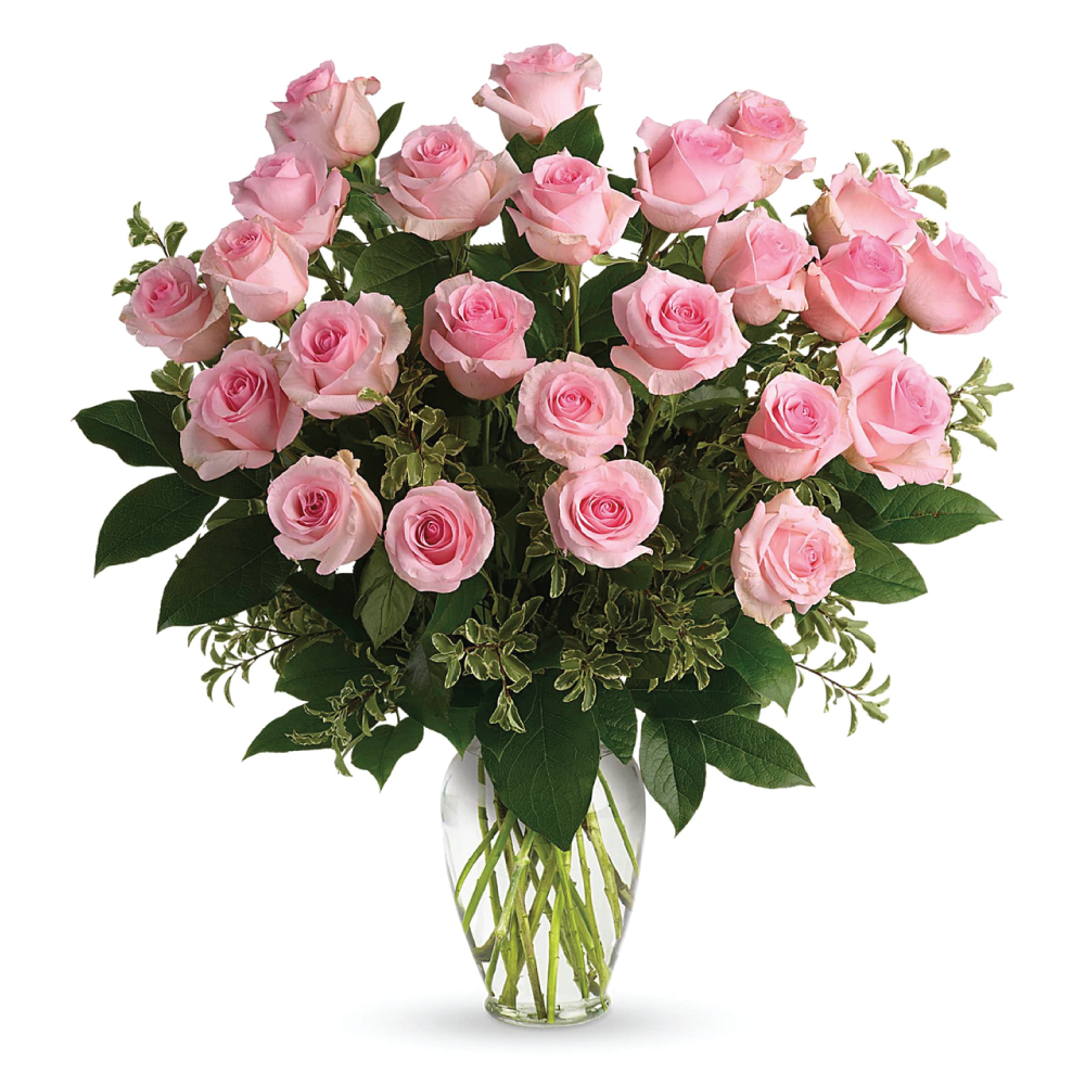 A vase of pink roses with green foliage.