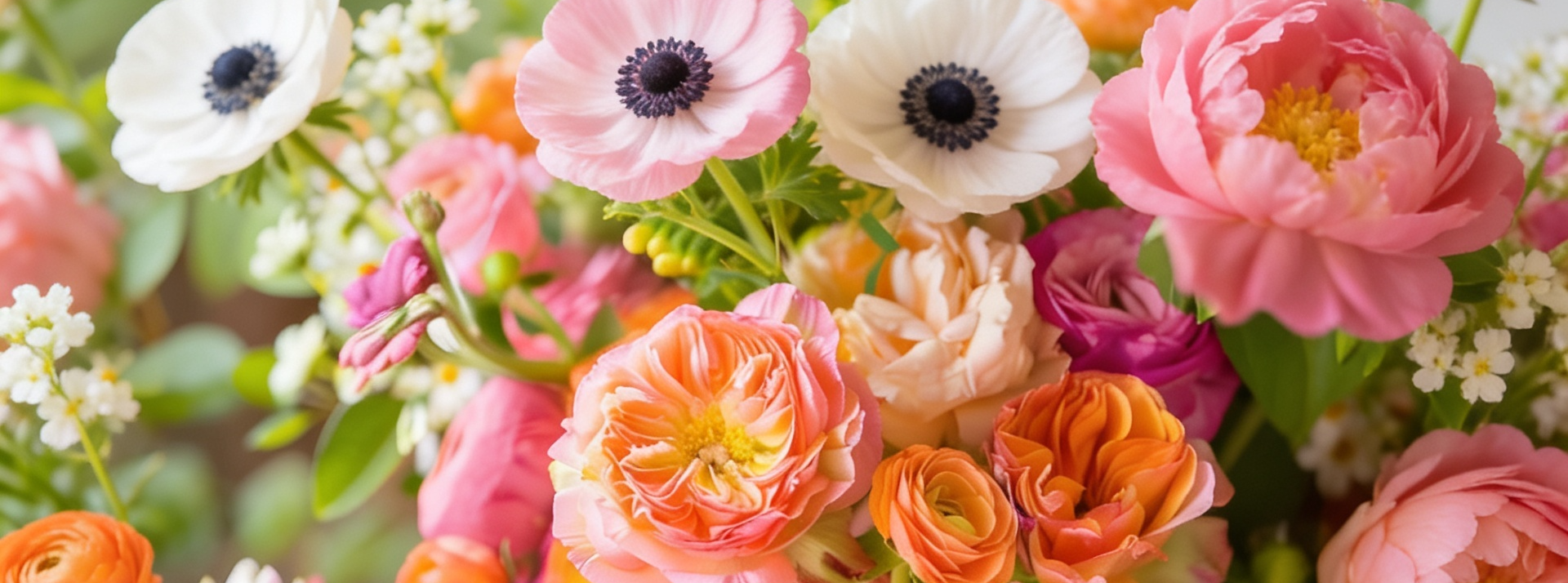 Send a Little Happiness to Mom - Handcrafted Just for Her Bright mixed bouquet of pink, white, orange, and peach flowers on a light background