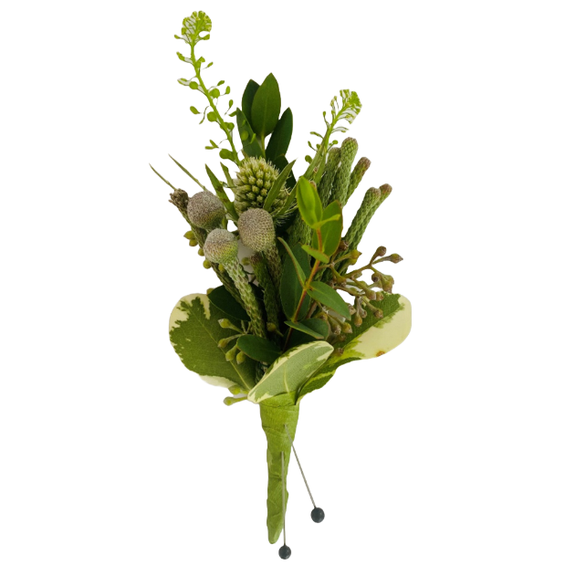 Green and white boutonniere with various leaves and small flower buds.