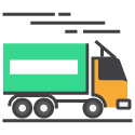 Green delivery truck speeding on road.
