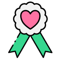 Pink heart badge with green ribbons.