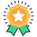 Gold award with a white star and green ribbons.