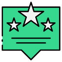 Green speech bubble with three white stars and horizontal lines.