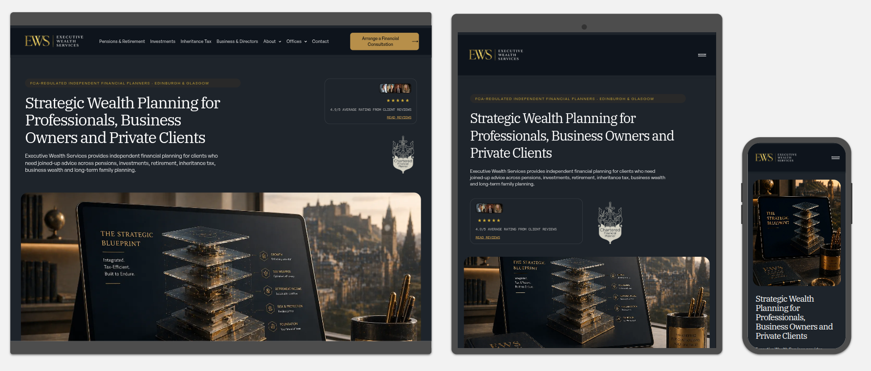 Executive Wealth Services responsive website shown across desktop, tablet and mobile devices