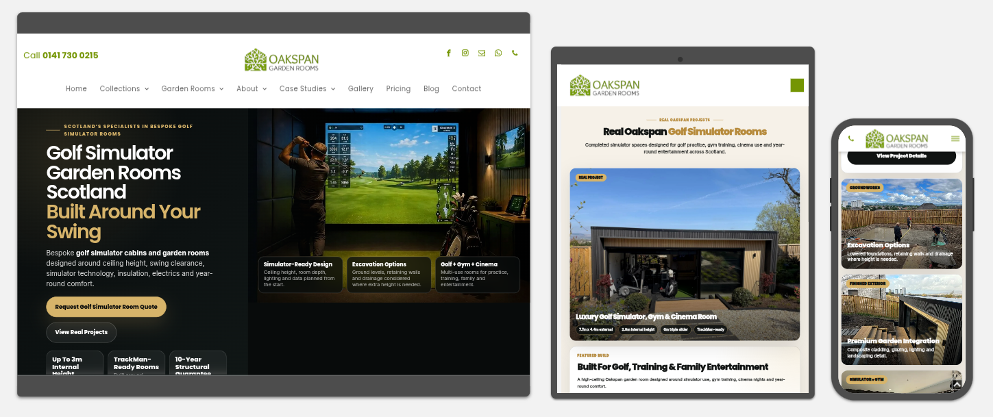 Oakspan Garden Rooms responsive website shown across desktop, tablet and mobile devices