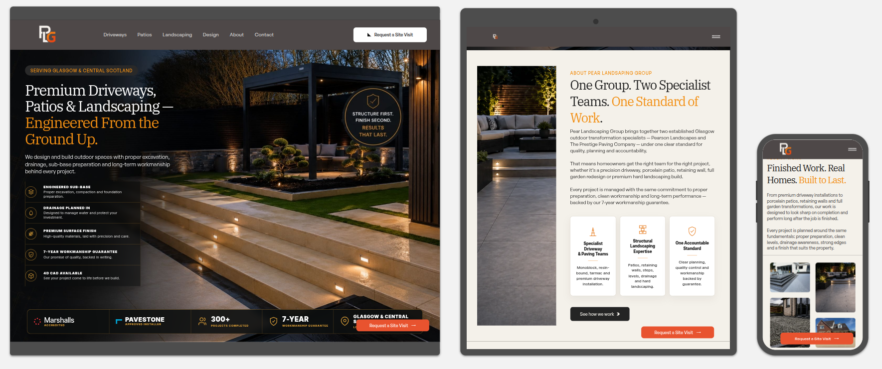 Pear Landscaping Group responsive website shown across desktop, tablet and mobile devices