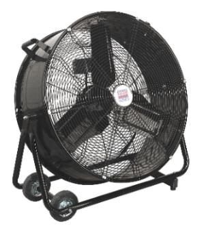 An orange fan is sitting in front of a window.