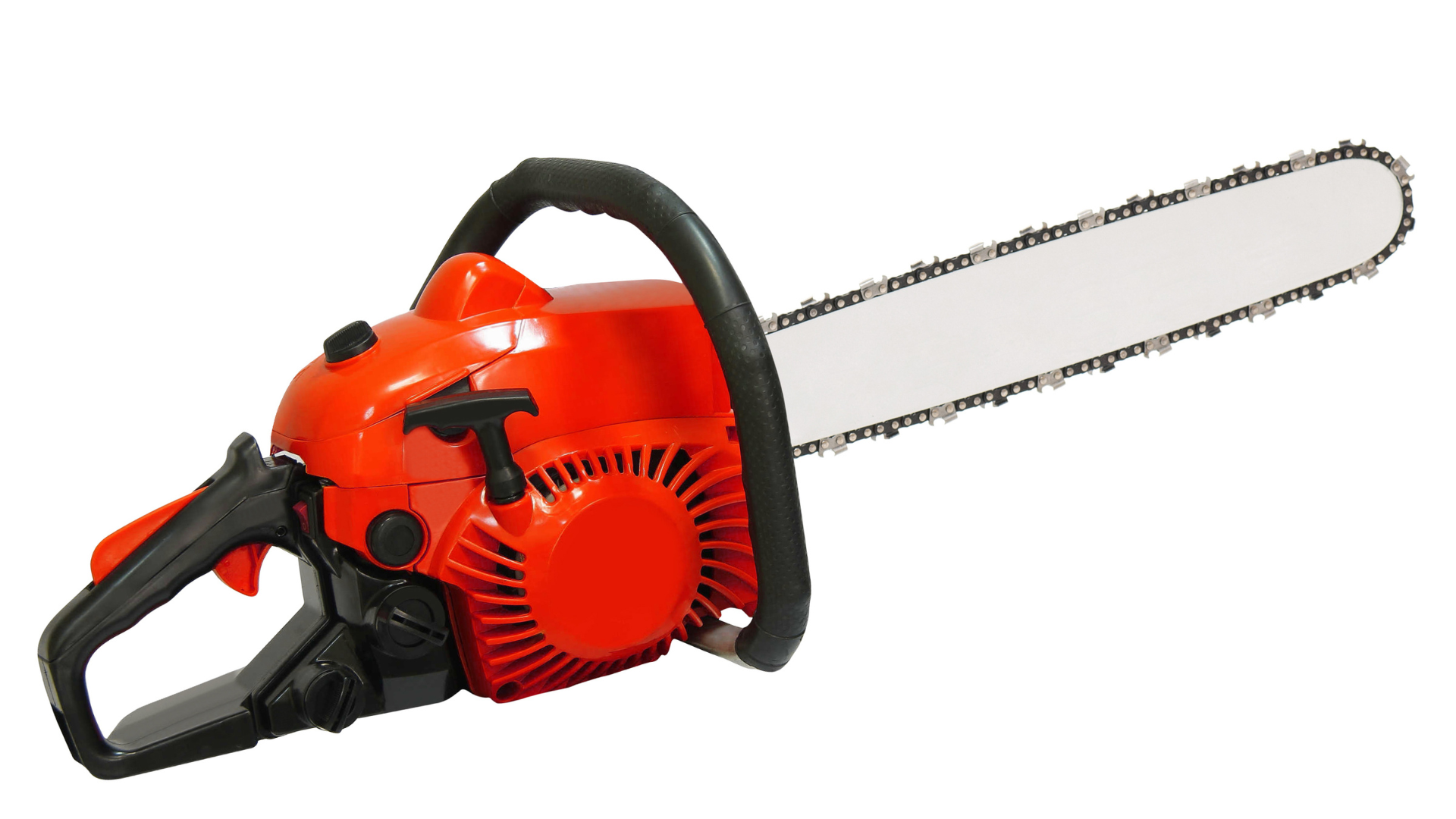 A chainsaw is sitting on top of a tree stump.