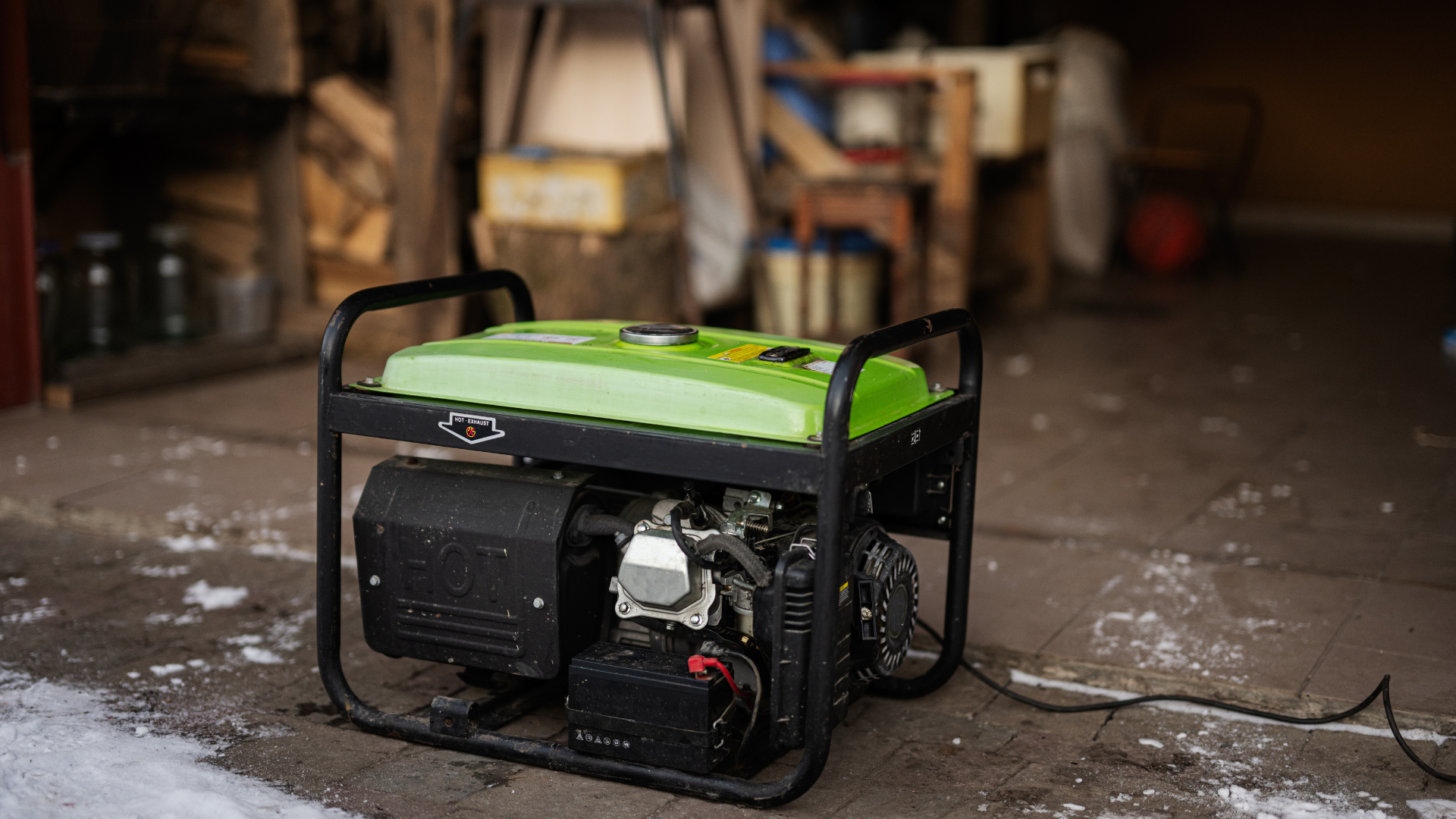 A green and black generator is sitting on the ground in a garage.