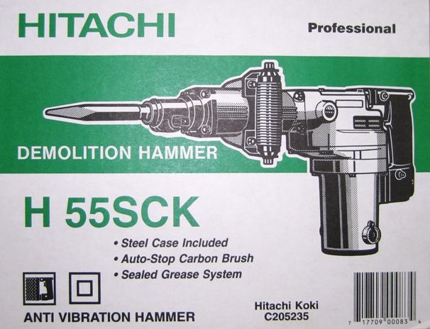 a green, white, and black colored box with an image and details about the Hitachi demolition hammer