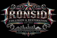 Ironstone Collision & Restoration logo with red metallic lettering and ornate gold trim on a black background
