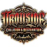 Ironstone Collision & Restoration logo with red metallic lettering and ornate gold trim on a black background