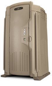 A brown portable toilet is sitting on a white surface.