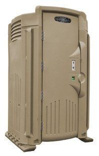 A brown portable toilet with a door on a white background.