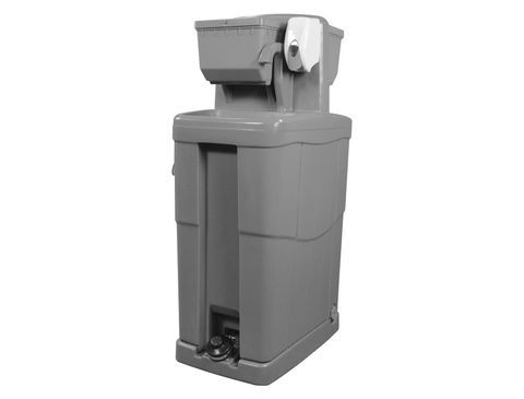 A portable sink with a paper towel dispenser attached to it.