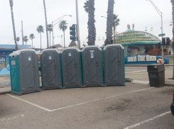 A row of portable toilets are lined up in a parking lot.