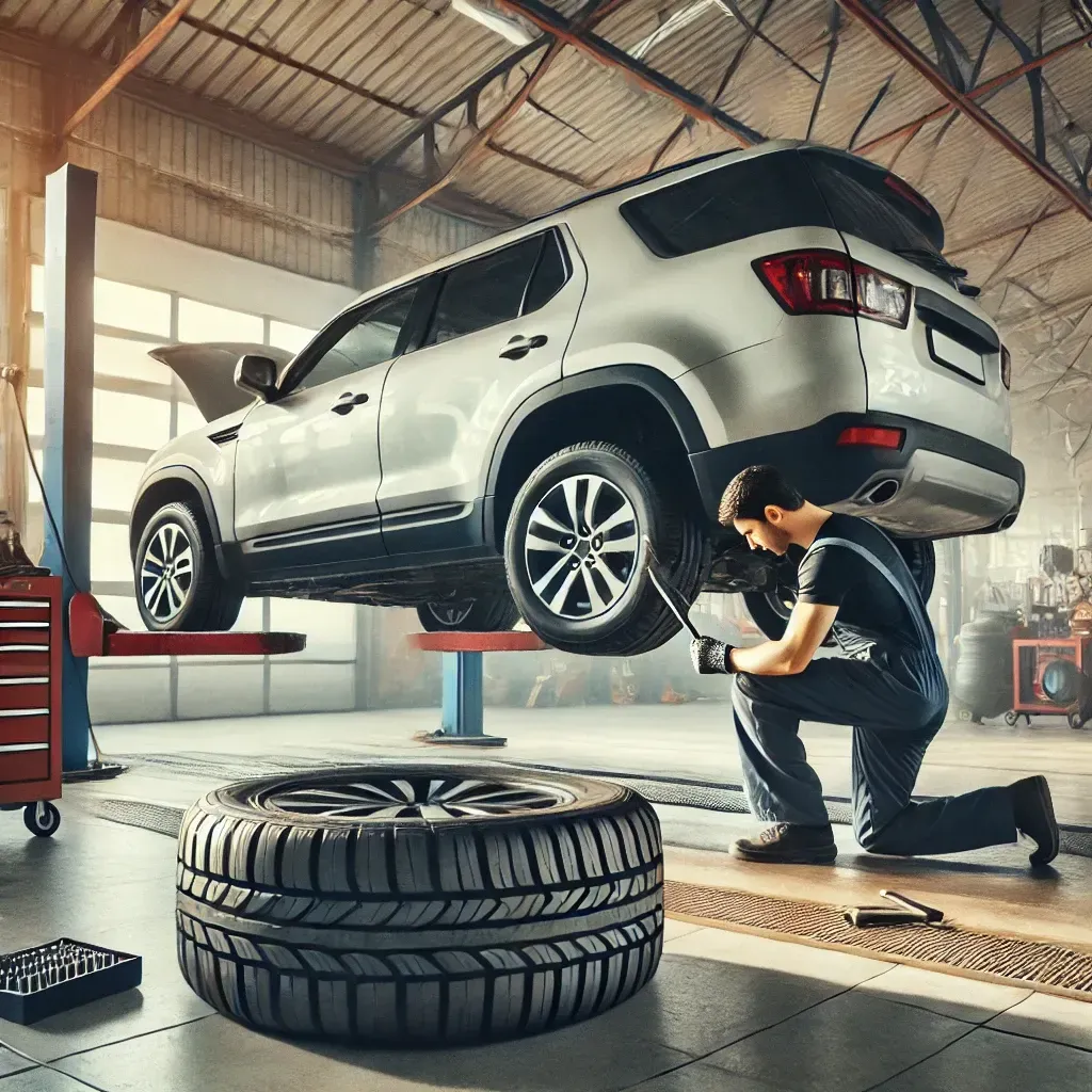 Mechanic working on a silver SUV lifted in a garage; a tire is on the floor. | Musser Automotive