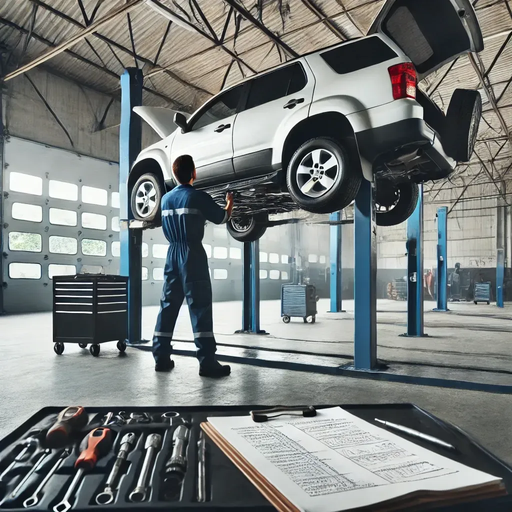 Mechanic working on a white SUV lifted in a garage. Tools in foreground, bay door in background. | Musser Automotive