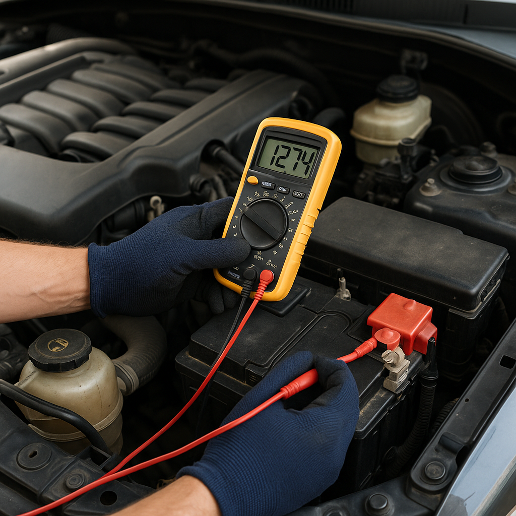 Person in blue gloves using a multimeter to test a car battery in an engine bay. | Musser Automotive