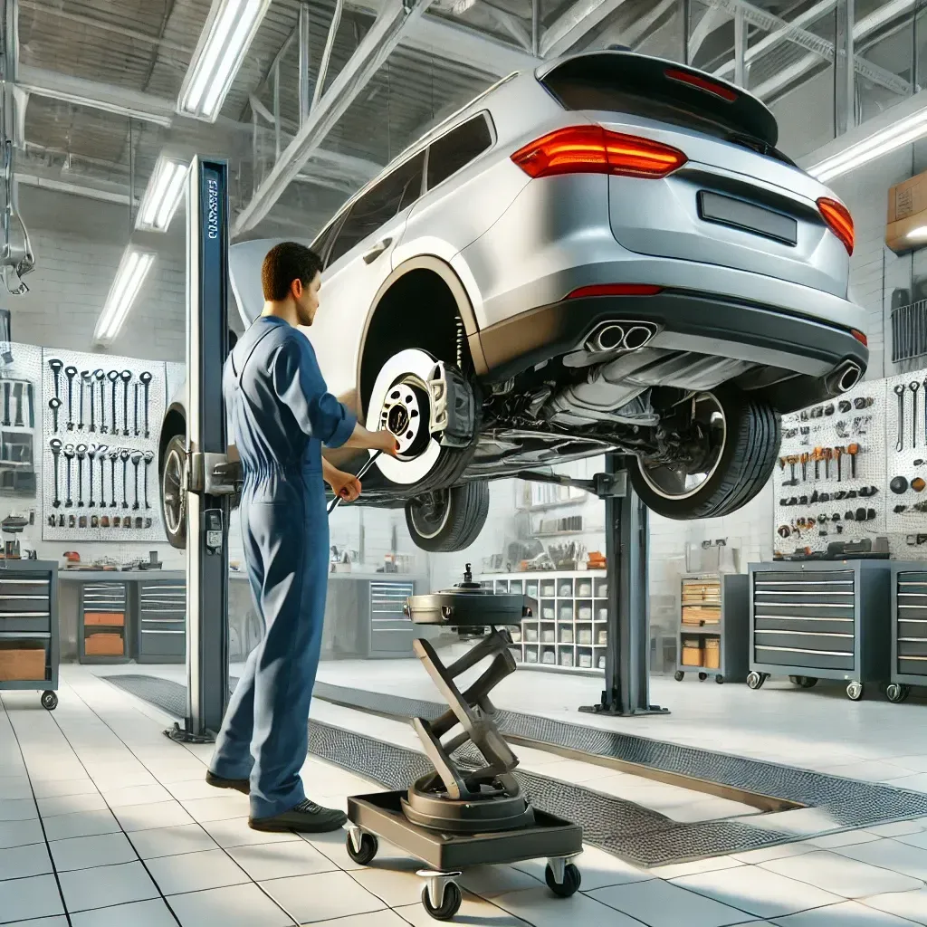 Mechanic working on a silver SUV lifted on a hoist in a brightly lit garage, tools and cabinets visible. | Musser Automotive