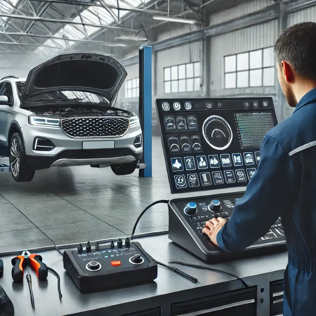 Mechanic using a diagnostic machine to assess a car in a repair shop. | Musser Automotive