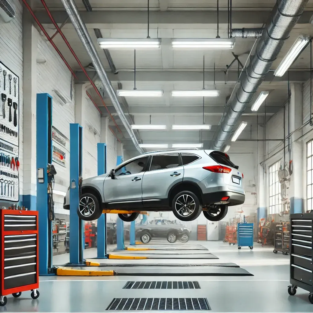 Car on a lift in a bright auto repair shop; tools and tool chests visible. | Musser Automotive