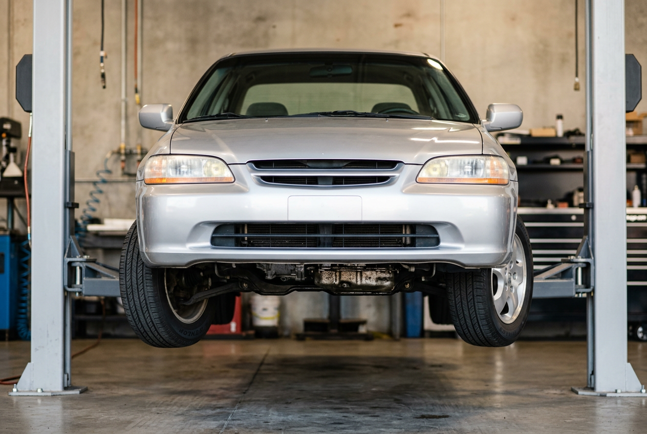 Rendered image of a silver Honda Odyssey minivan parked in a driveway with a visible transmission fl