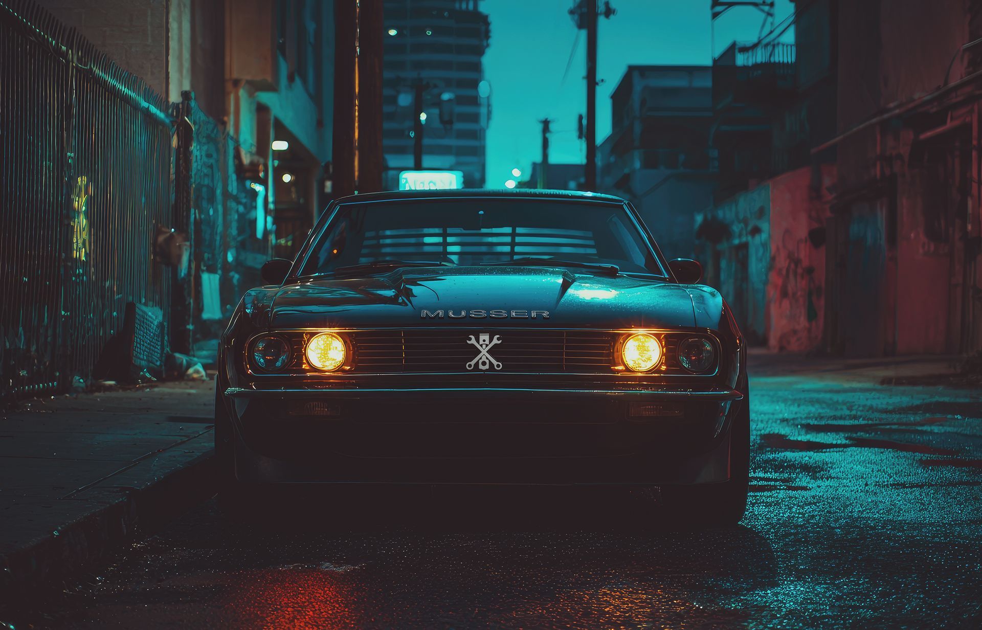 Black car parked in a dark alley at night, headlights illuminated. Wet ground and buildings in the background. | Musser Automotive