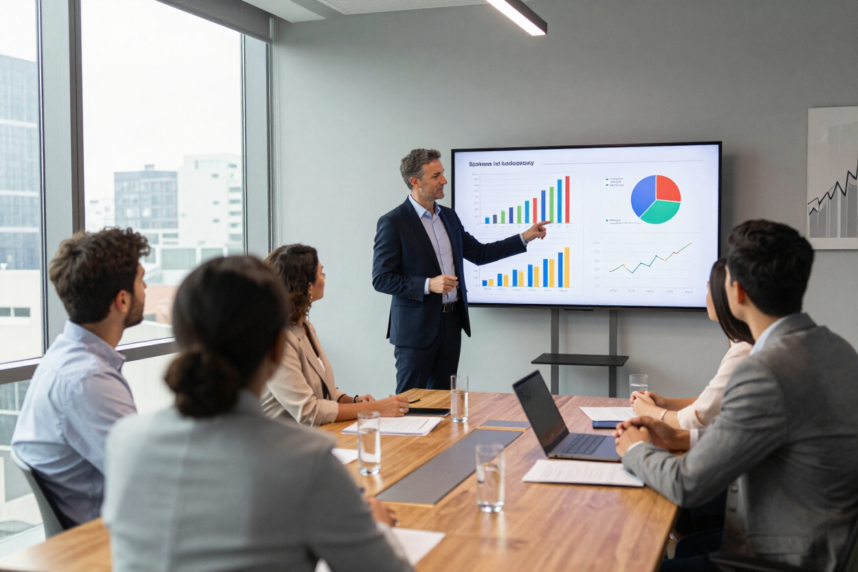 Reunión de negocios con un presentador que muestra gráficos en una pantalla a los colegas sentados en una sala