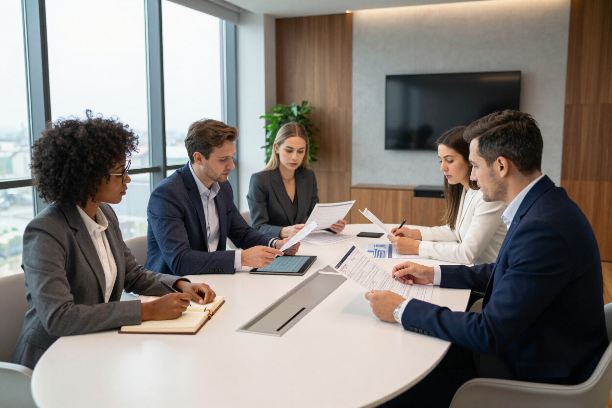 Reunión de negocios con cinco personas alrededor de una mesa de conferencias en una oficina moderna