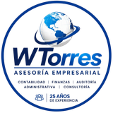 WTorres Asesoría Empresarial logo in blue and white with globe and “25 años de experiencia” badge