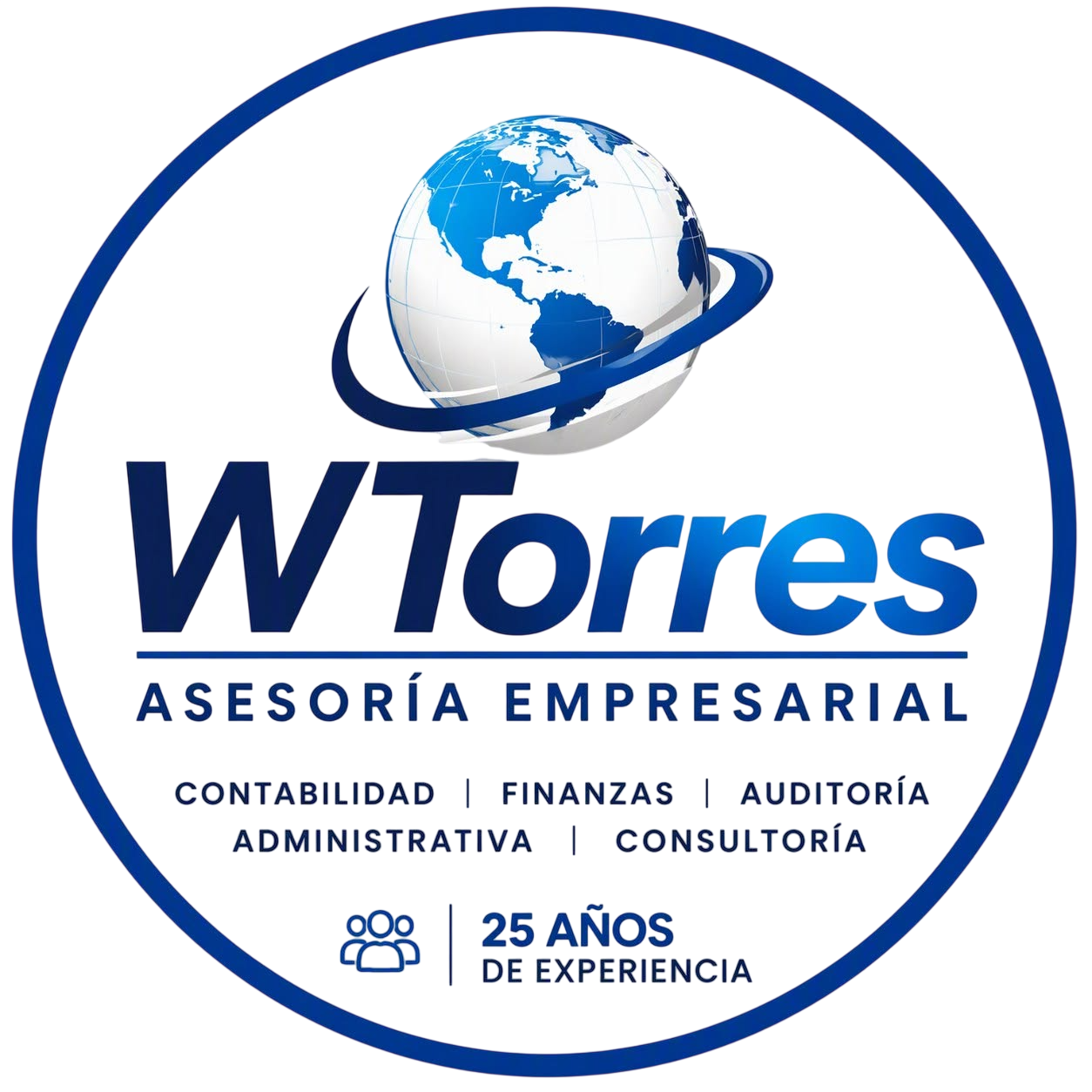 WTorres Asesoría Empresarial logo in blue and white with globe and “25 años de experiencia” badge