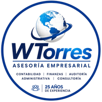 WTorres Asesoría Empresarial logo in blue and white with globe and “25 años de experiencia” badge