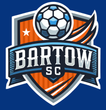 Bartow SC soccer club logo with shield, ball, orange and blue accents