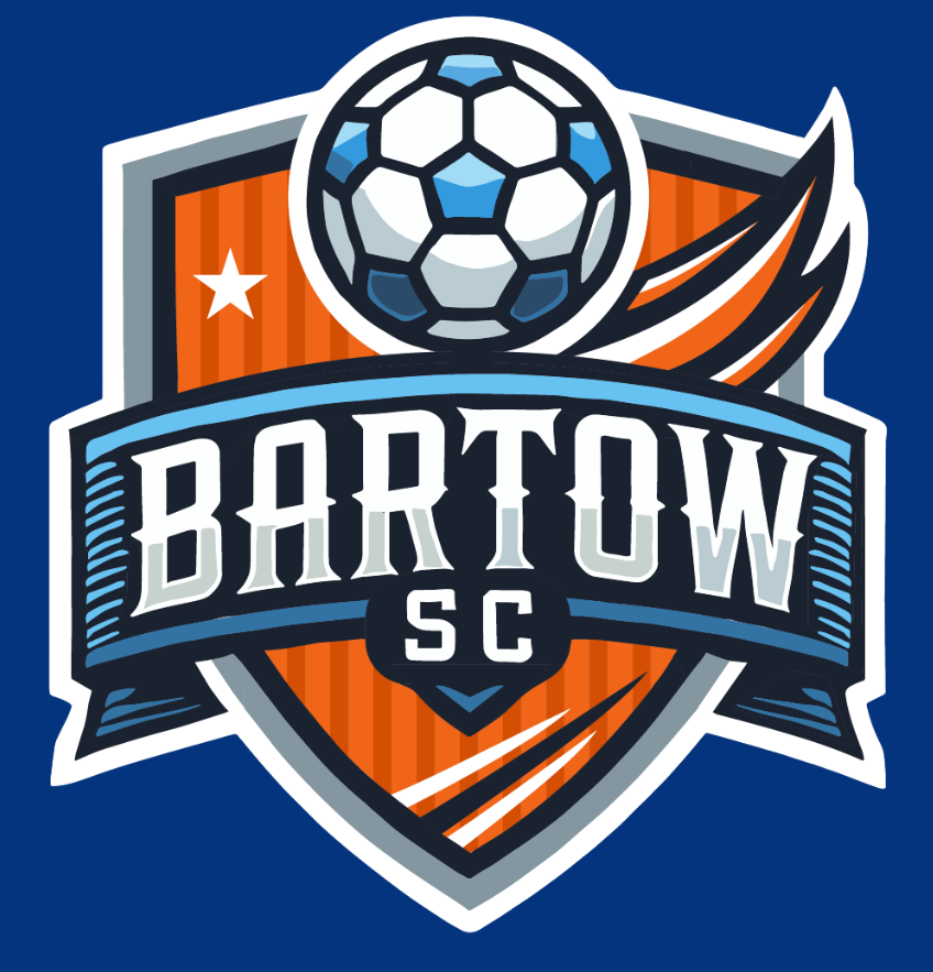 Bartow SC soccer club logo with shield, ball, orange and blue accents