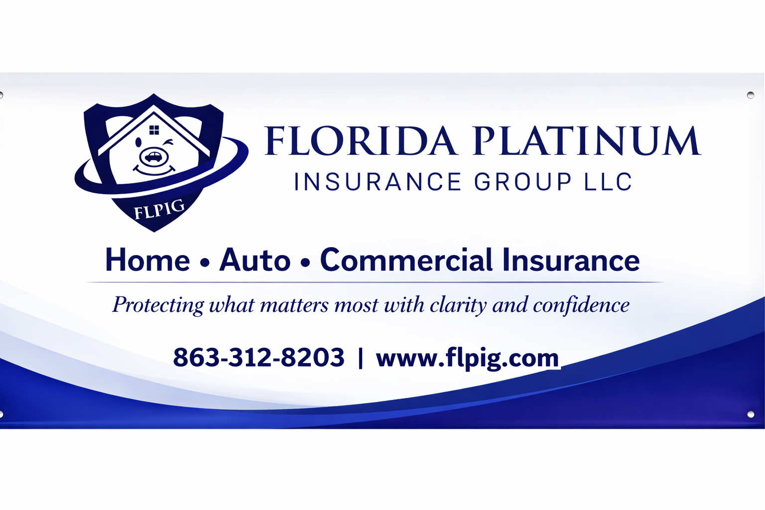 Florida Platinum Insurance Group LLC banner with blue logo, services, phone number, and website