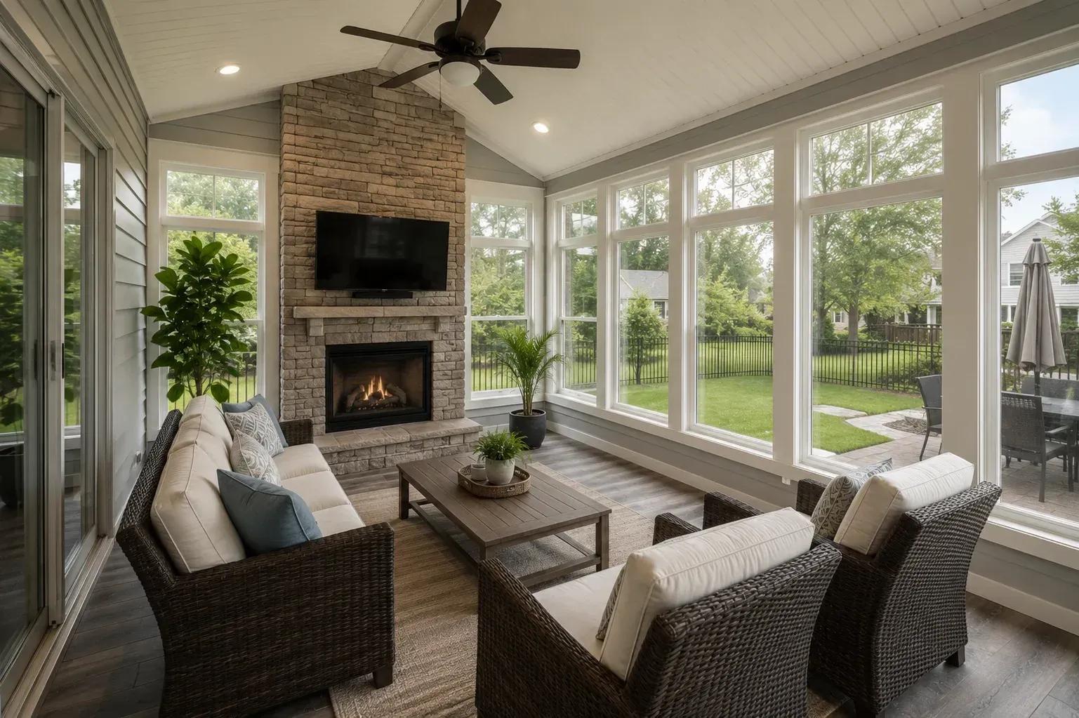 A cozy 3 season room addition with large windows, a stone fireplace, and comfortable patio seating.