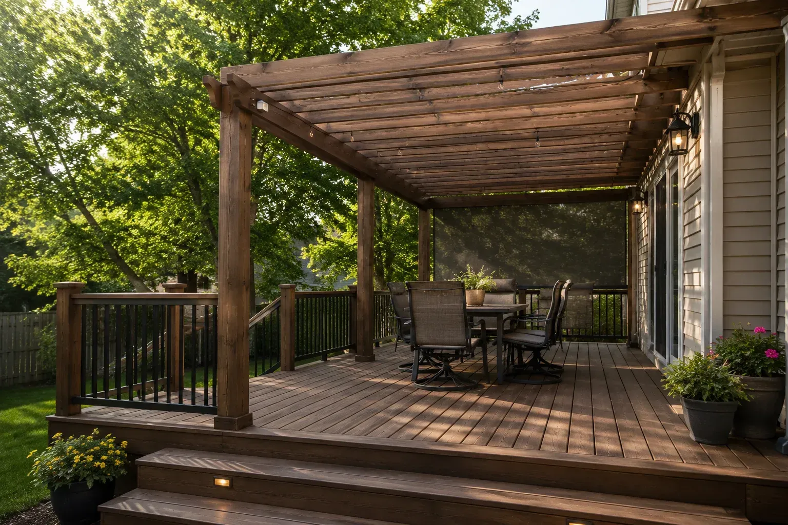 A spacious brown composite deck with an attached wooden pergola, demonstrating how to add a pergola to an existing deck.