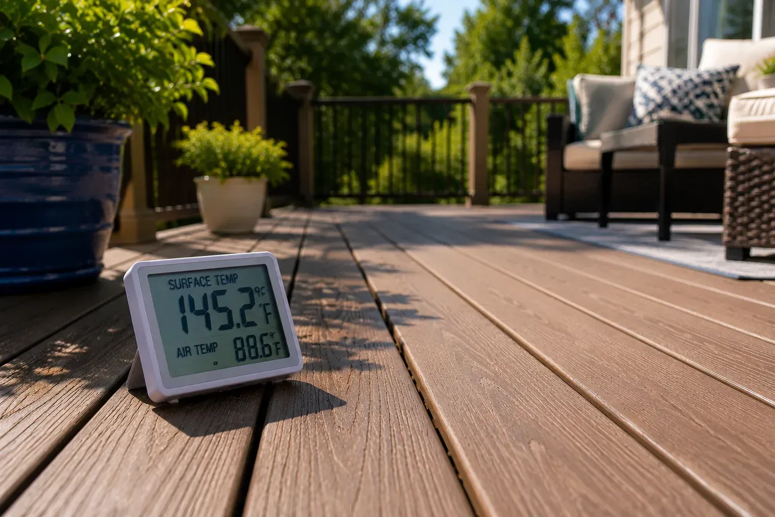 A digital thermometer displaying a high temperature on a composite deck surface under direct sunlight, illustrating how hot does composite decking get in direct summer sun.