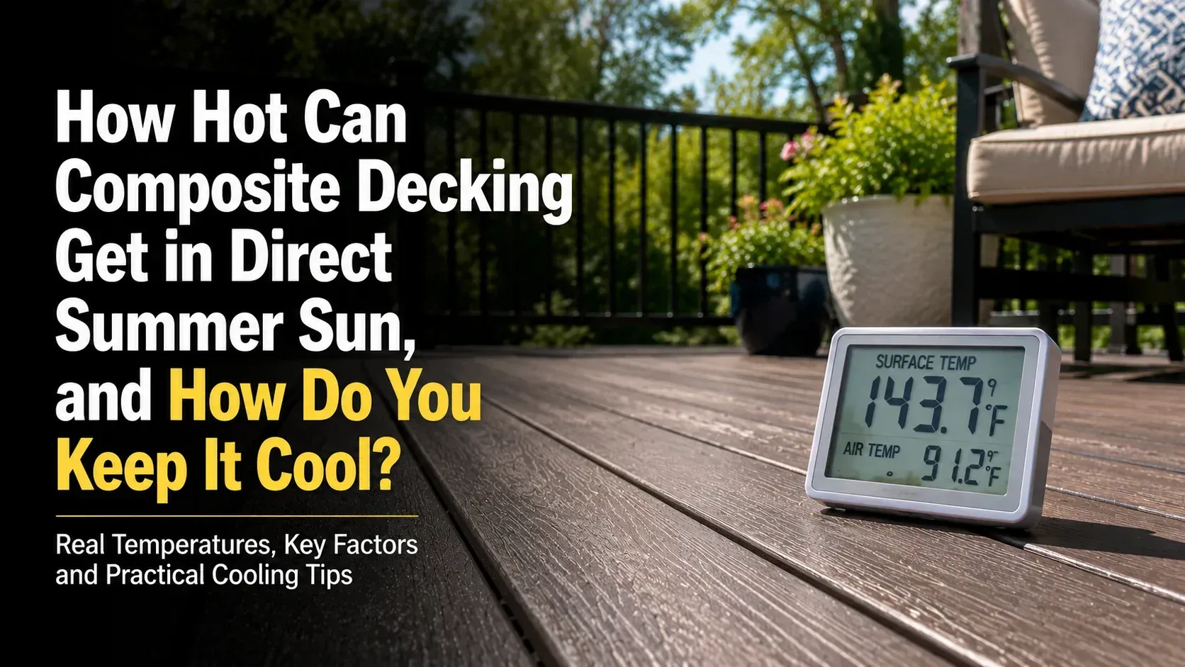 Digital thermometer reading 143.7°F on a hot composite deck.