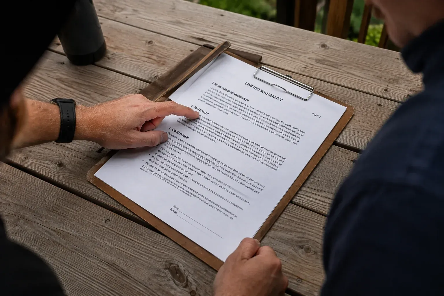 Clipboard contract detailing what should a deck builder warranty cover for homeowners.