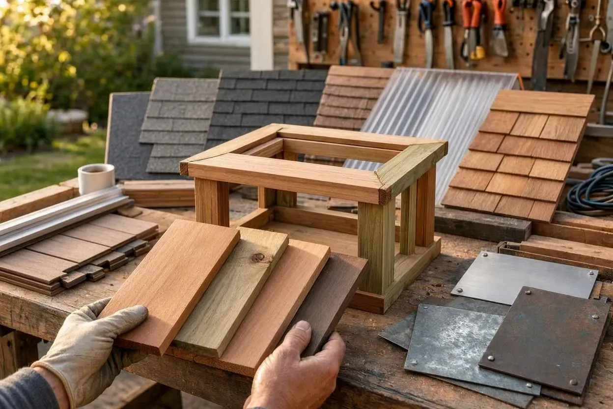 Hands holding wooden roof shingles beside a small model roof, with assorted roofing materials on a workbench.
